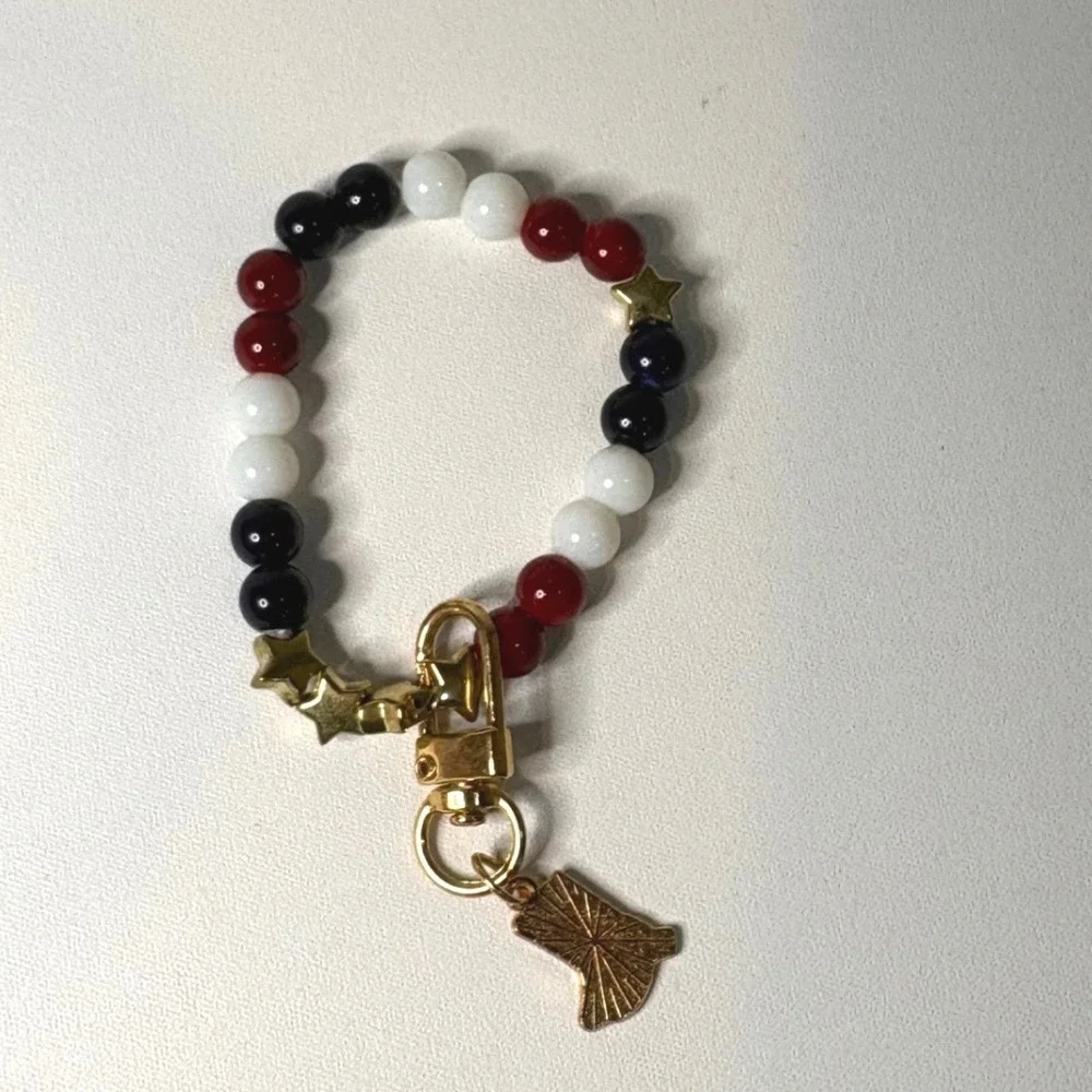 Patriotic Red White Blue Beaded Bracelet Gold Star Cowboy Boot Charm Americana